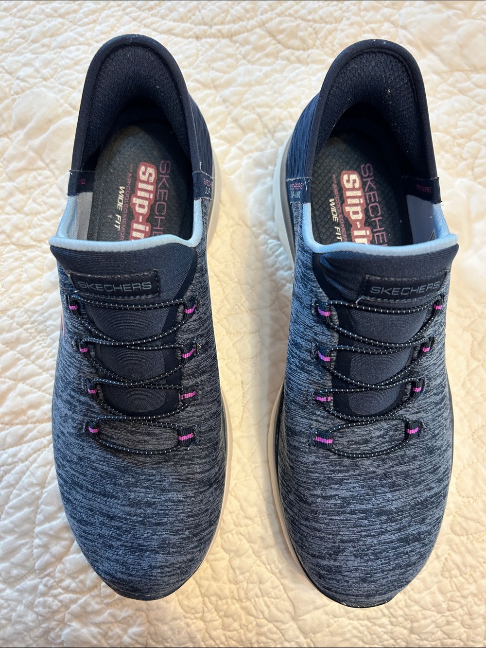 Skechers Women's Blue and Navy Slip-Ins Sneakers with Pink Accents. Size 9 Wide